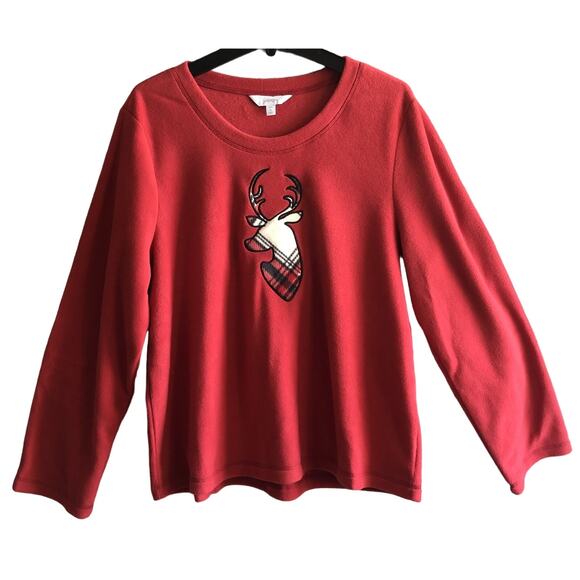 PajamaGram Plaid Reindeer Graphic Red Fleece Pajama Sweatshirt Reg Size Large - Picture 1 of 7